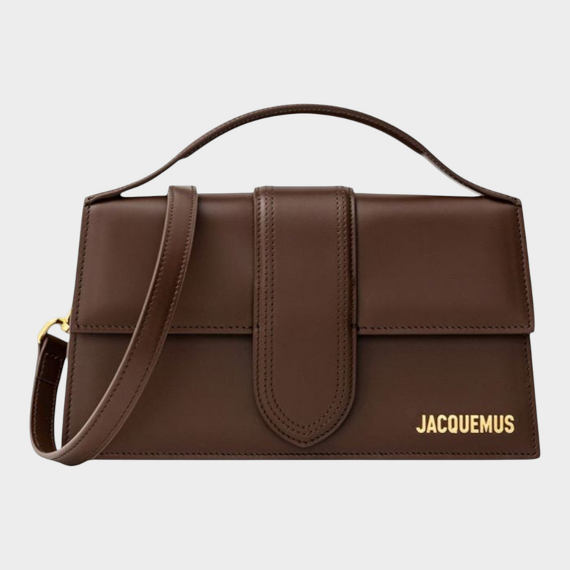 Esmire & Co Jacquemus Le Grand Bambino brown leather handbag with structured architectural lines and gold logo.