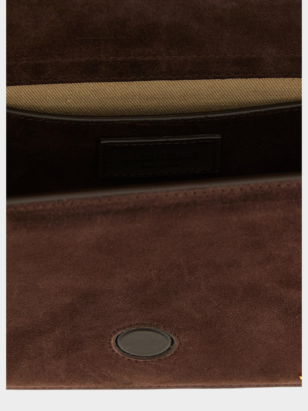Interior view of Esmire & Co Jacquemus Le Grand Bambino handbag in dark brown suede with magnetic closure