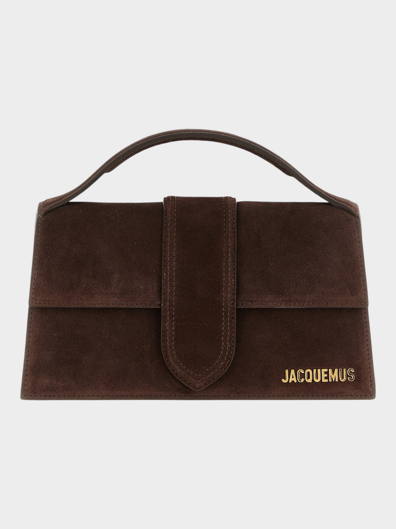 Esmire & Co Jacquemus Le Grand Bambino dark brown suede handbag with gold logo and structured top handle