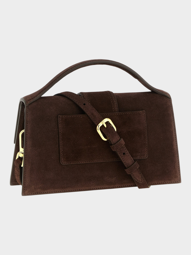 Esmire & Co Jacquemus Le Grand Bambino dark brown suede handbag with gold hardware and adjustable shoulder strap