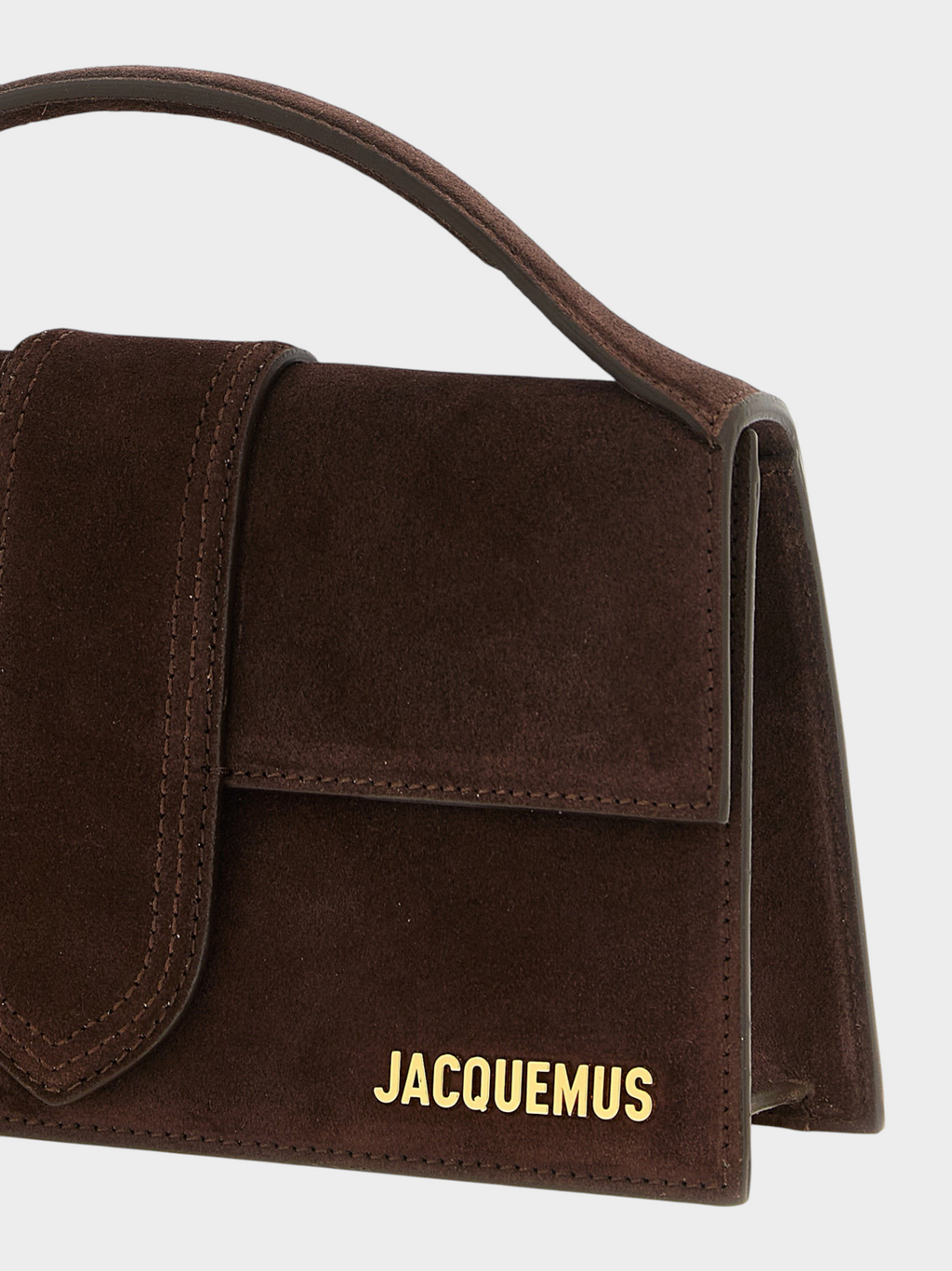 Esmire & Co Jacquemus Le Grand Bambino dark brown suede handbag with gold logo and structured top handle