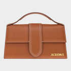 Esmire & Co Jacquemus Le Grand Bambino light brown leather bag with gold logo and contrast stitching