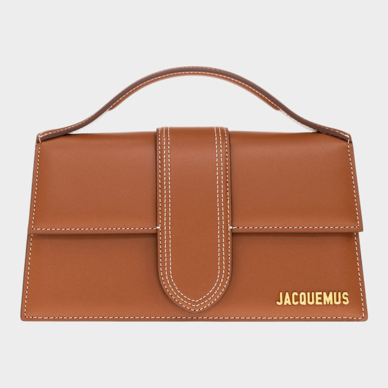 Esmire & Co Jacquemus Le Grand Bambino light brown leather bag with gold logo and contrast stitching