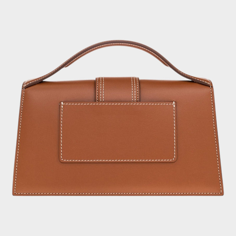 Esmire & Co Jacquemus Le Grand Bambino light brown leather bag back view with card pocket and white contrast stitching