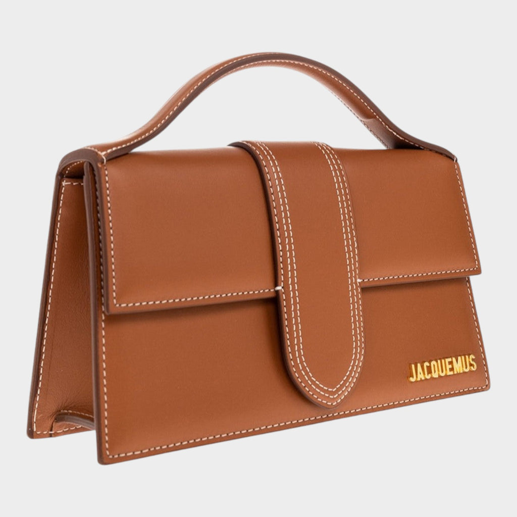 Esmire & Co Jacquemus Le Grand Bambino light brown leather handbag with gold logo and contrast stitching