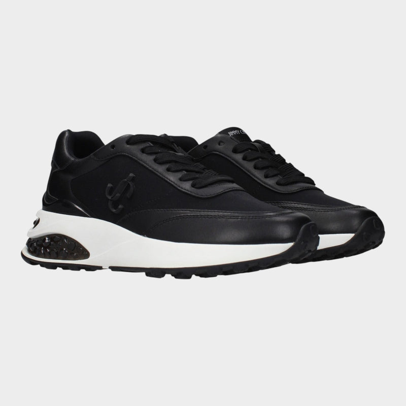 Esmire & Co Jimmy Choo black fabric athletic sneakers with front, side, and back logo detailing and white midsole.