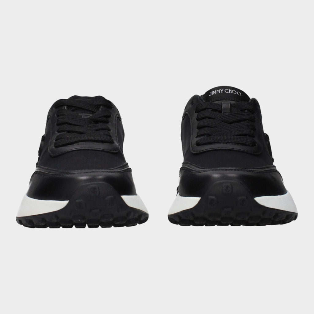 Esmire & Co Jimmy Choo black fabric athletic sneakers with front, side, and back logo branding and white sole