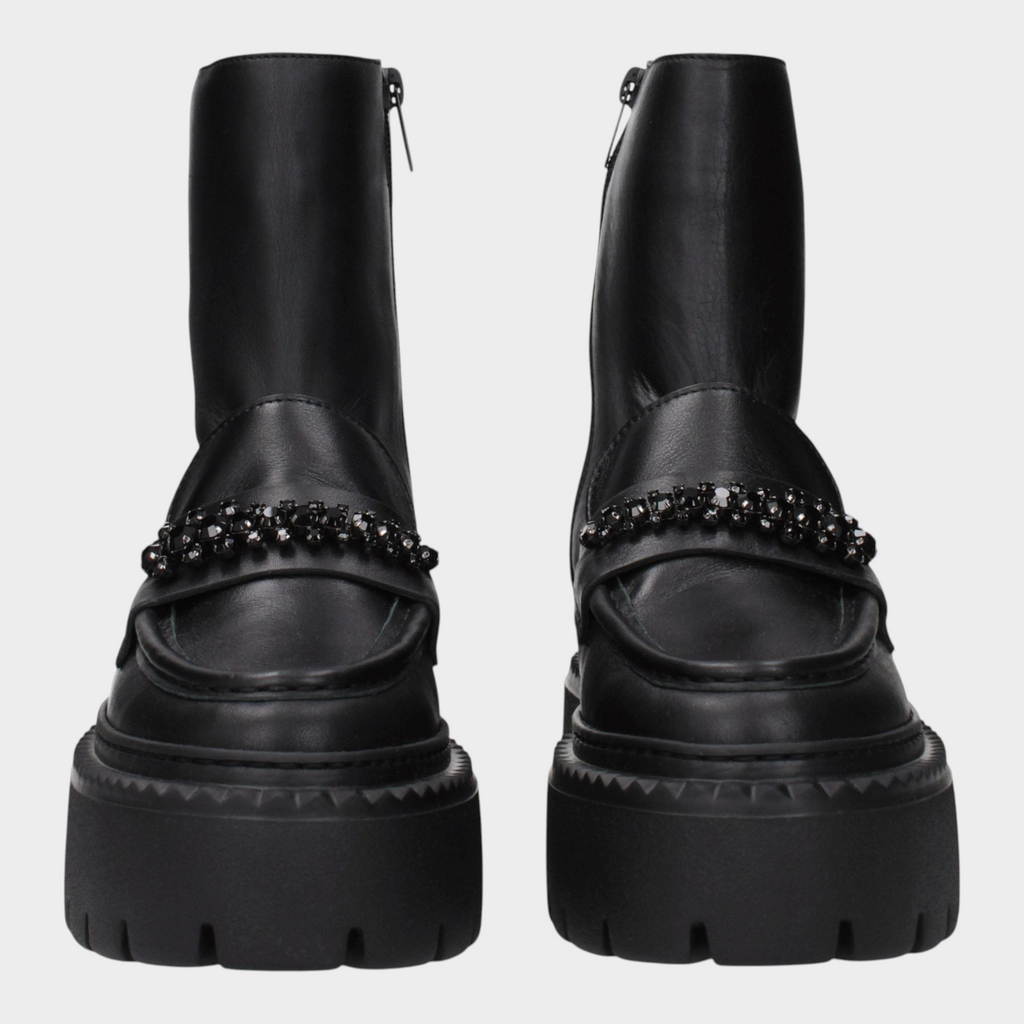 Esmire & Co Jimmy Choo Bryer black leather ankle boots with a chunky platform sole and decorative crystal strap