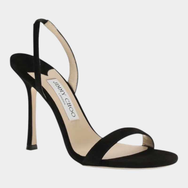 Esmire & Co Jimmy Choo black suede stiletto sandals with a slim front strap and elegant slingback design.
