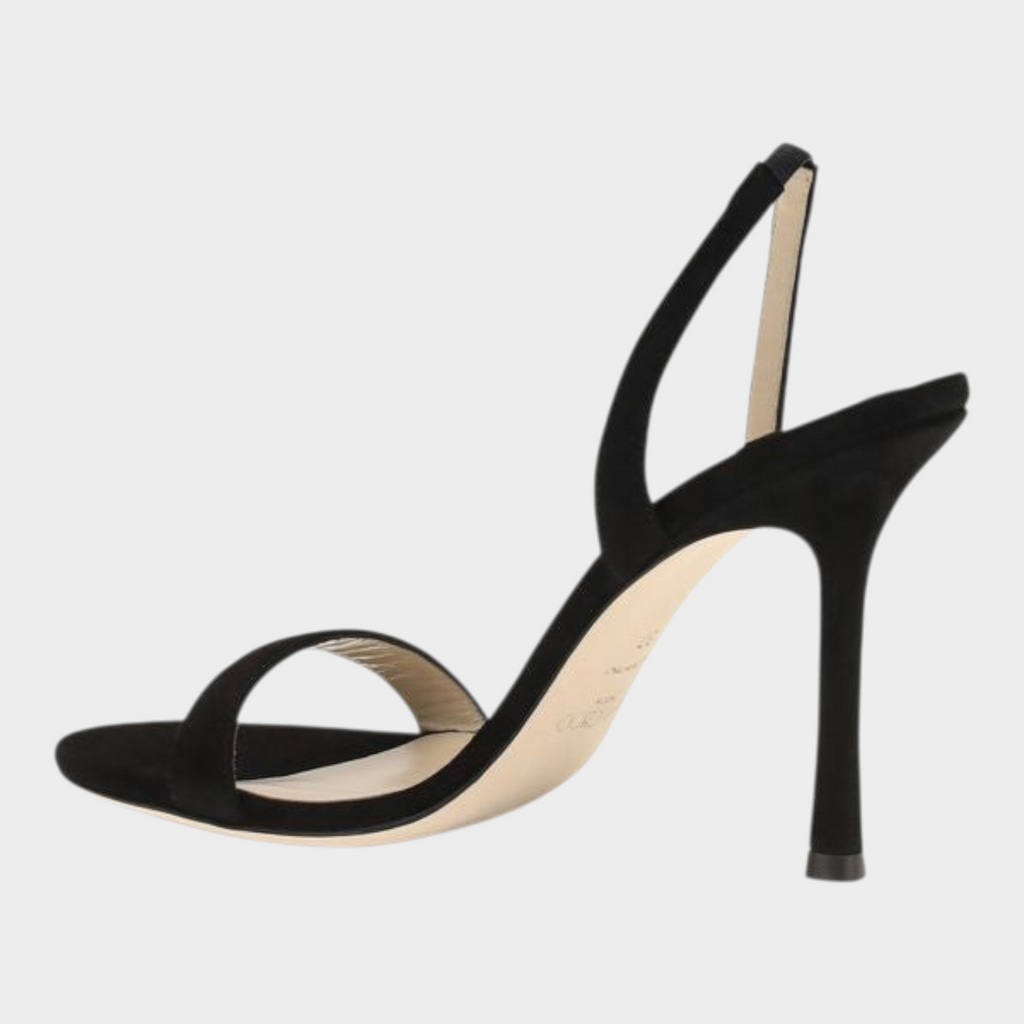 Esmire & Co Jimmy Choo black suede stiletto sandals with slim front and back straps in a side profile view.