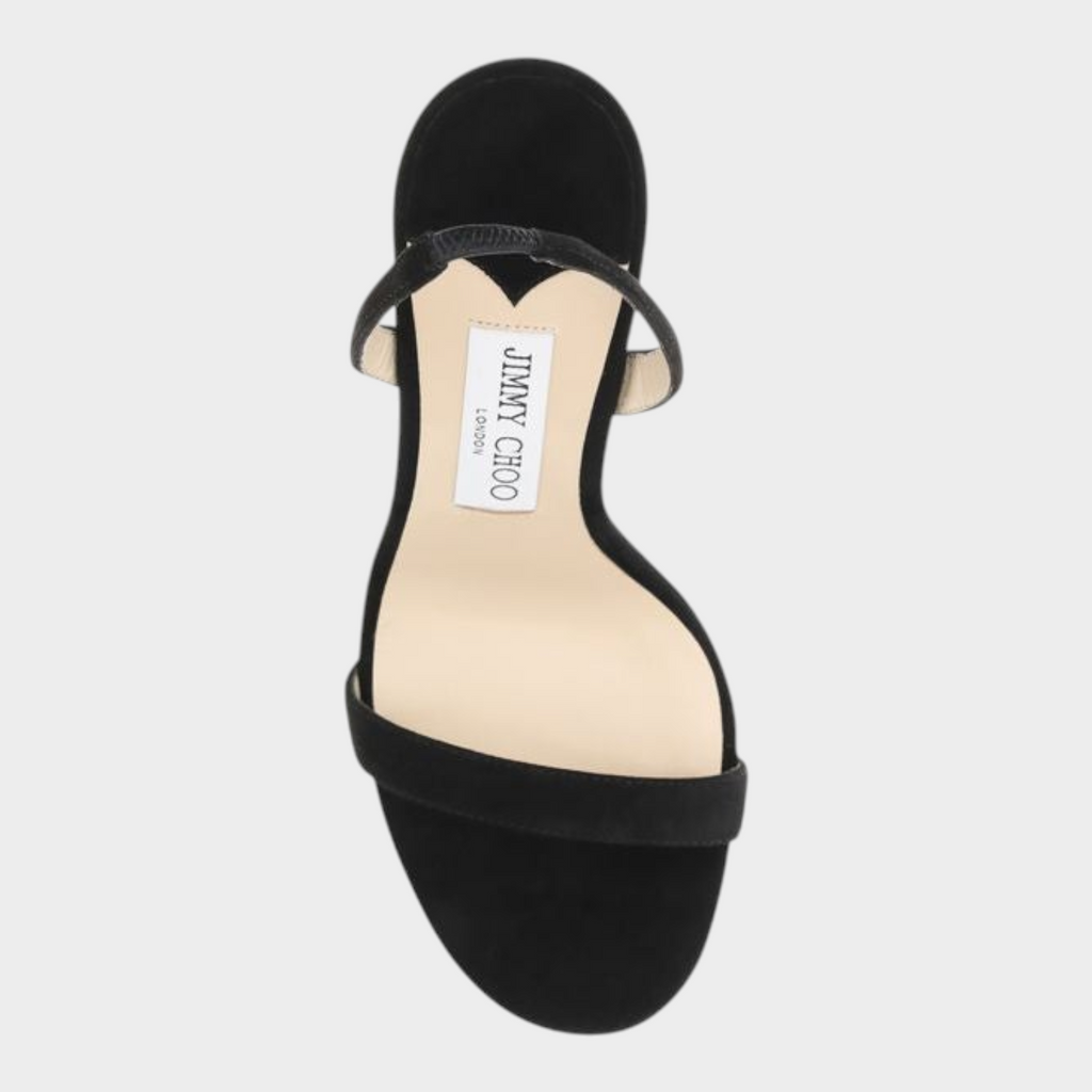 Esmire & Co Jimmy Choo black suede stiletto sandals with a slim front strap and open-toe design, top view.
