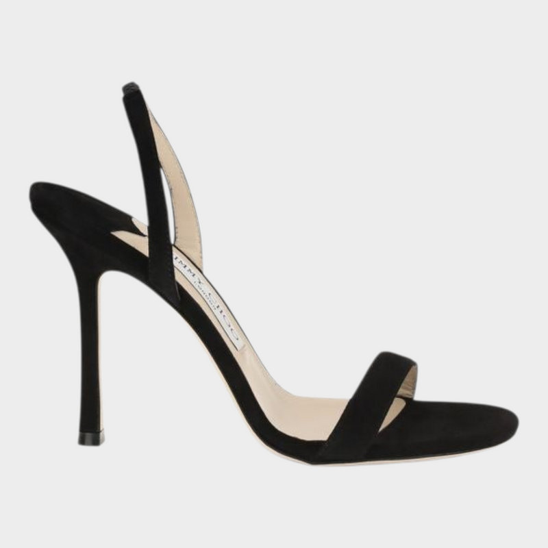 Esmire & Co Jimmy Choo black suede stiletto sandals with slim front and back straps in a side profile view.