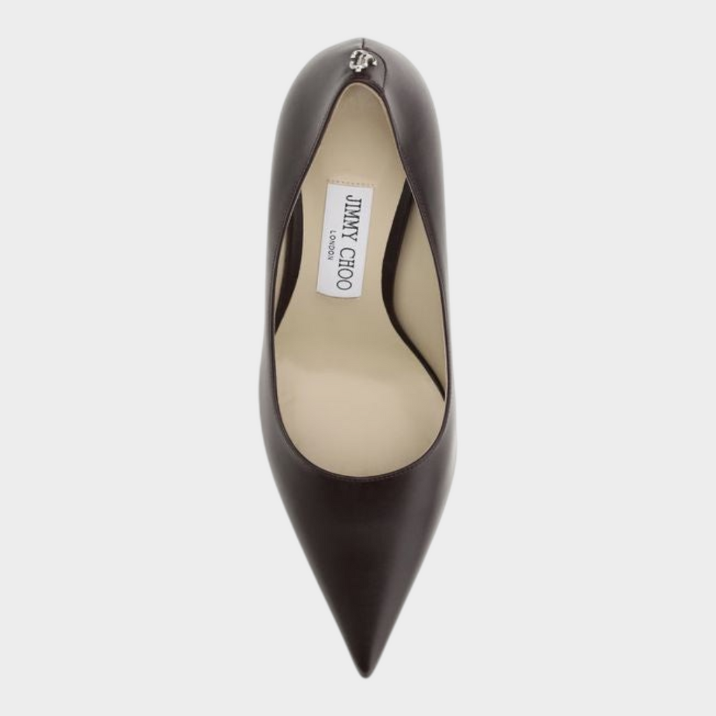 Esmire & Co Jimmy Choo brown calf leather Love pumps with pointed toe and silver JC button detail, top-down view.