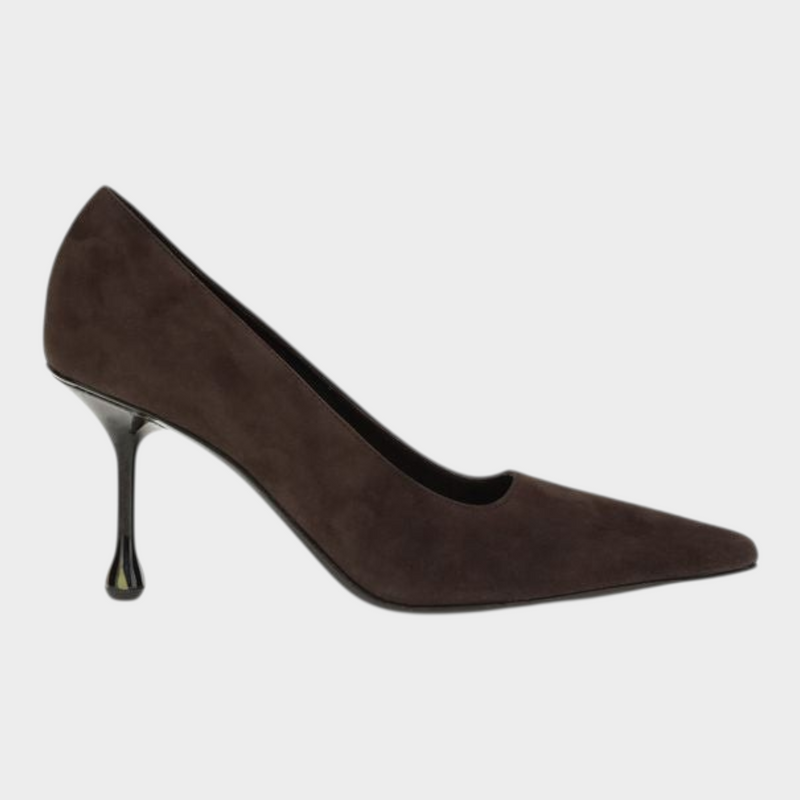 Esmire & Co Jimmy Choo Ixia brown suede pointed pumps with a unique sculptural drop heel and square cut silhouette.