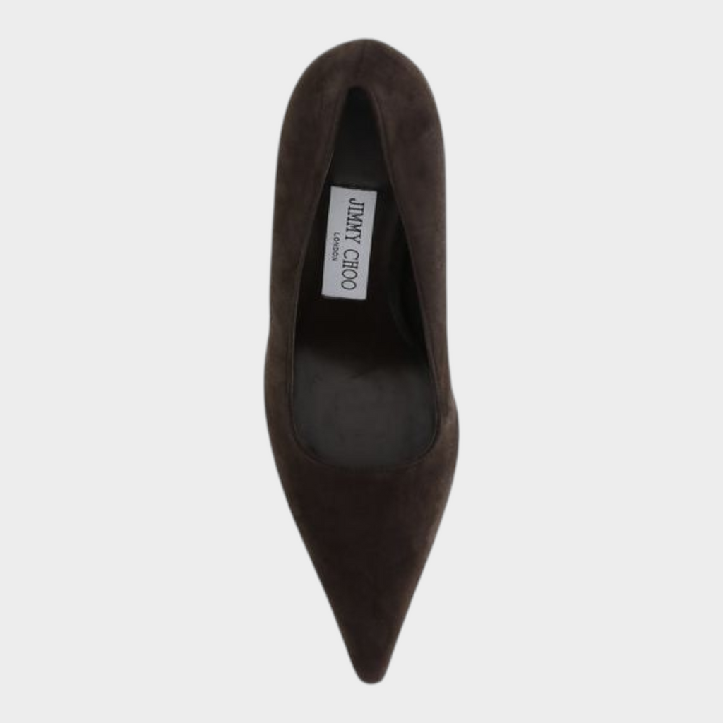 Esmire & Co Jimmy Choo brown suede Ixia pumps featuring a pointed toe and square cut silhouette, top view.