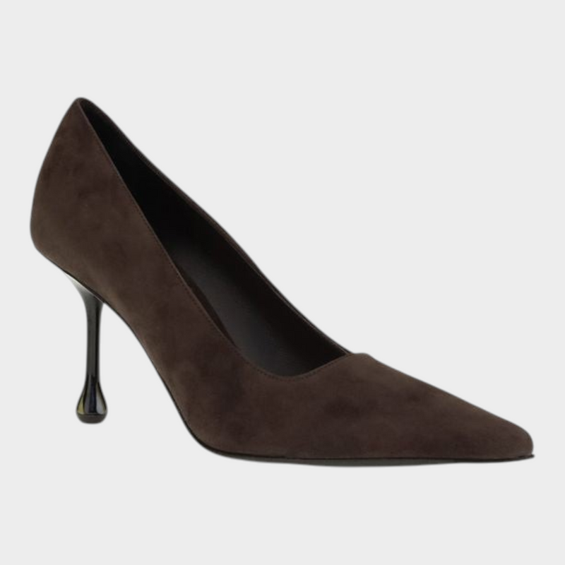Esmire & Co Jimmy Choo brown suede Ixia pumps with a pointed toe and unique drop heel design.