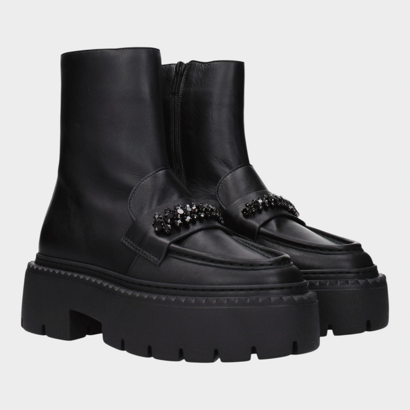 Esmire & Co Jimmy Choo Bryer black leather ankle boots with a chunky lug sole and embellished front strap detail.