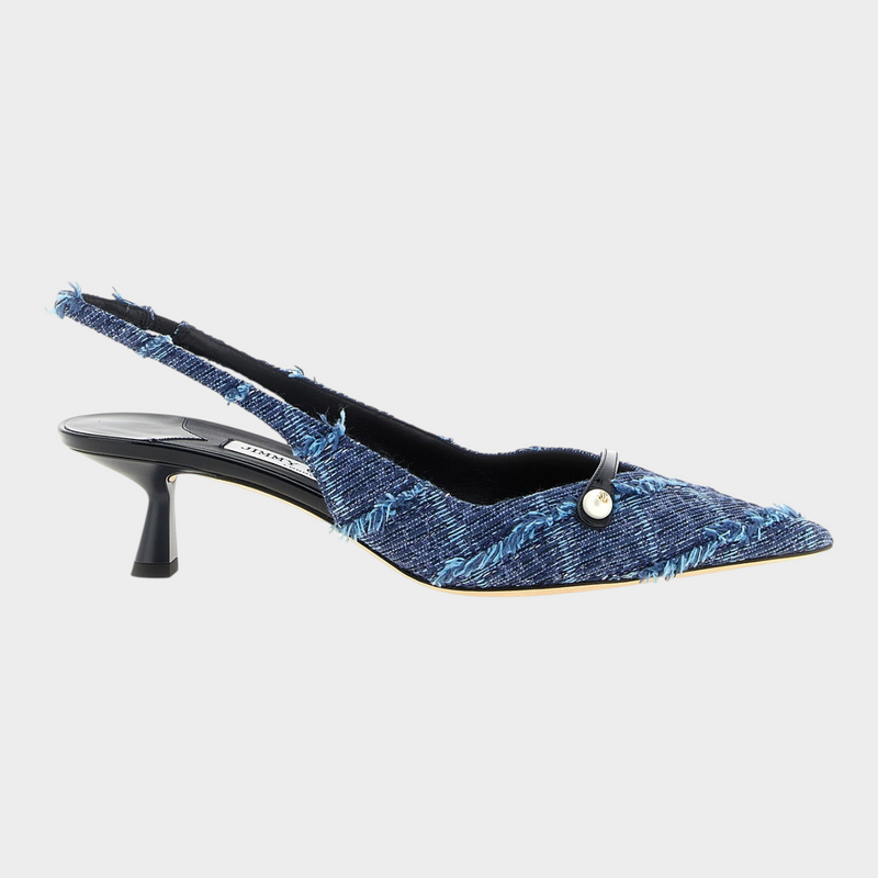 Esmire & Co Jimmy Choo Amita navy denim slingback pumps with frayed edges, pearl detail, and a sculptural mid heel.