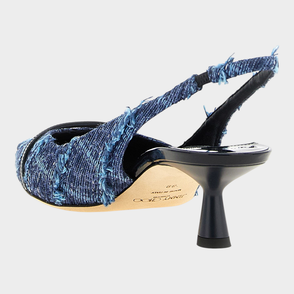 Esmire & Co Jimmy Choo Amita navy blue denim slingback pumps with frayed edges and a sculptural mid heel