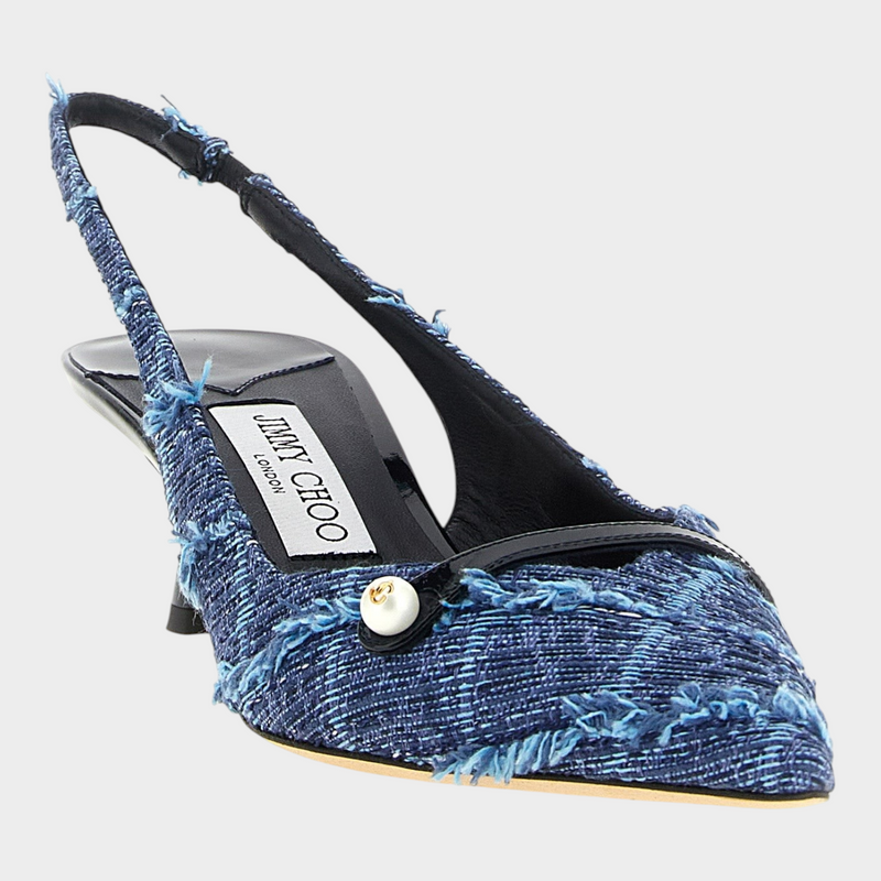 Esmire & Co Jimmy Choo Amita navy blue denim slingback pumps with frayed edges, pearl detail, and mid sculptural heel.