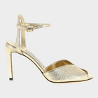 Esmire & Co Jimmy Choo Sacora gold metallic goatskin stiletto sandals with peep-toe and adjustable ankle strap