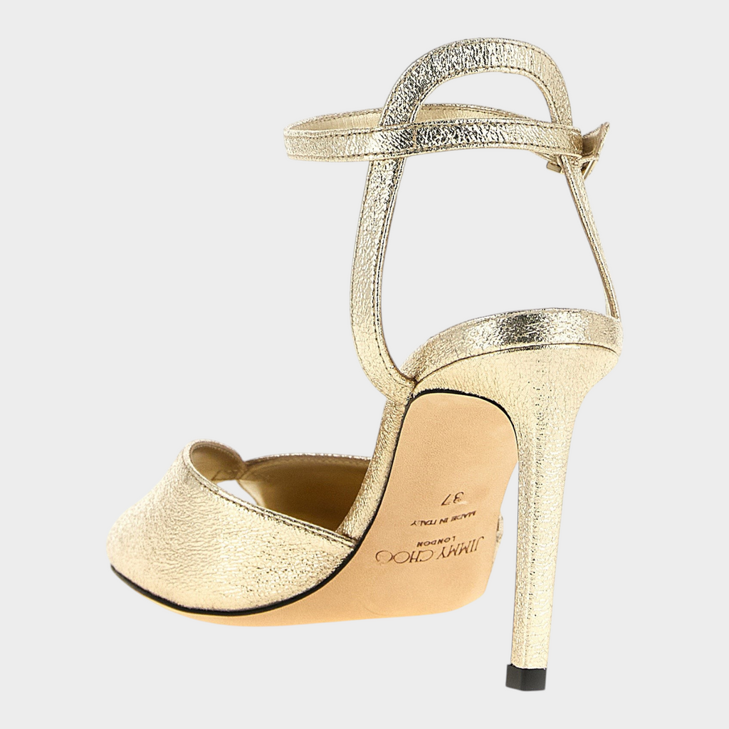 Esmire & Co Jimmy Choo Sacora gold metallic goatskin stiletto sandals with ankle strap and peep-toe back view
