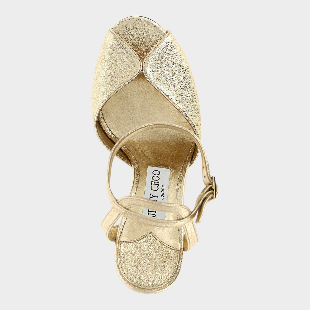 Esmire & Co Jimmy Choo Sacora gold metallic goatskin stiletto sandals with peep-toe and adjustable ankle strap