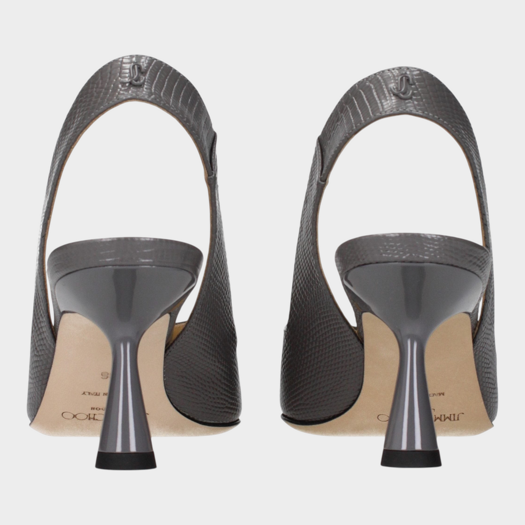 Esmire & Co Jimmy Choo gray lizard-print leather slingback mid-heel sandals with a sculpted heel