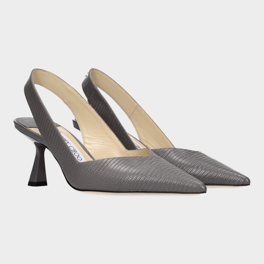 Esmire & Co Jimmy Choo gray lizard-print leather slingback pumps with a 6.5cm mid heel and pointy toe.