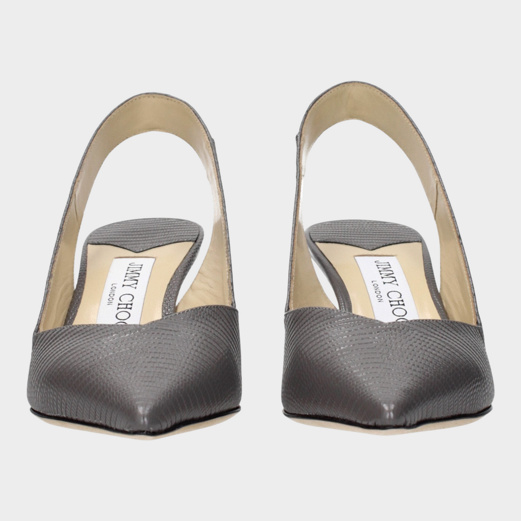 Esmire & Co Jimmy Choo storm gray lizard-print leather slingback pumps with a 6.5cm mid heel and pointy toe