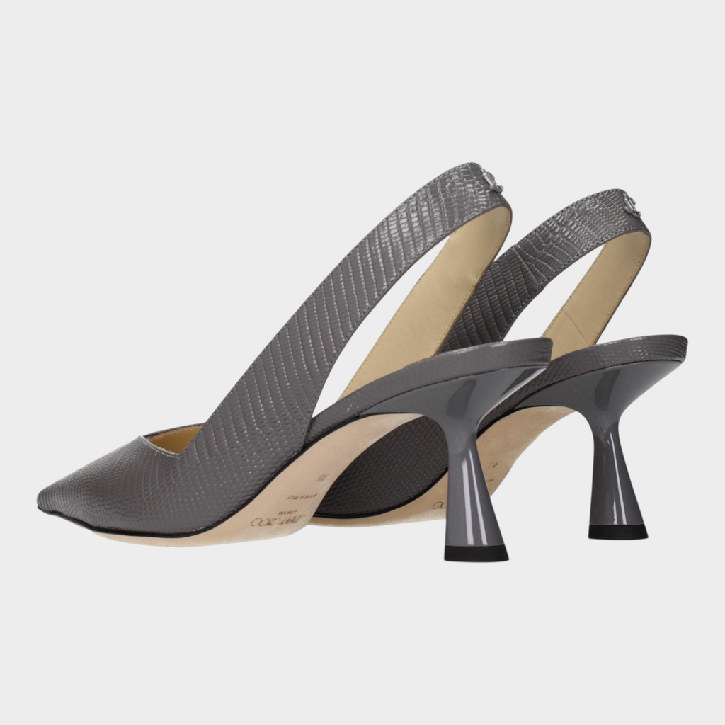 Esmire & Co Jimmy Choo storm gray lizard-print leather slingback mid-heel pumps with a pointy toe