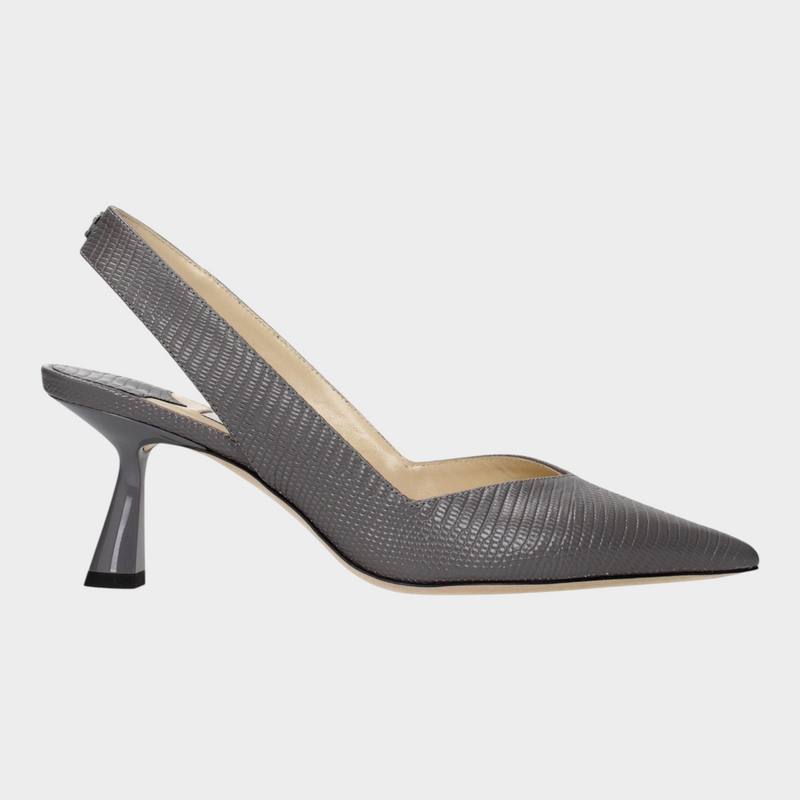 Esmire & Co Jimmy Choo gray lizard-print leather slingback pumps with a 6.5cm mid heel and pointy toe