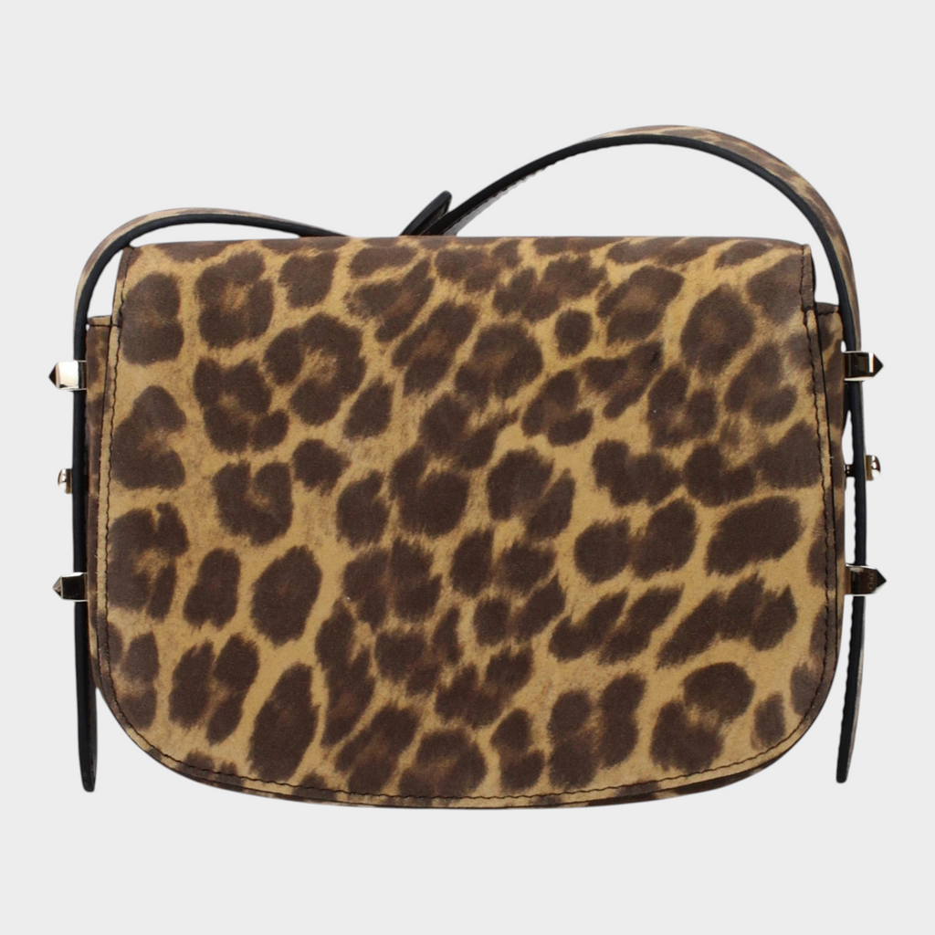 Esmire & Co Jimmy Choo brown leopard print suede crossbody bag with adjustable shoulder strap and front logo detail