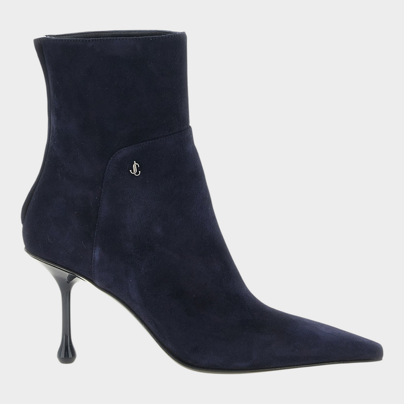 Esmire & Co navy blue suede Jimmy Choo Cycas ankle boots with pointed toe, drop heel, and silver JC monogram logo.