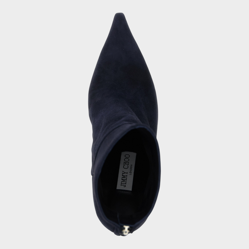 Esmire & Co Jimmy Choo Cycas navy blue suede ankle boots with pointed toe and back zip closure