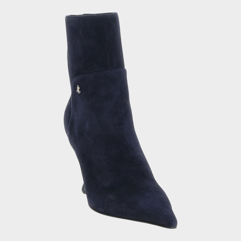 Esmire & Co Jimmy Choo navy blue suede Cycas ankle boots with pointed toe, drop heel, and silver JC monogram logo.