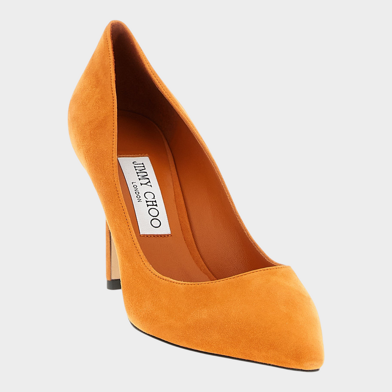 Esmire & Co Jimmy Choo Romy sunset orange suede high heel pumps with a pointed toe and stiletto heel.