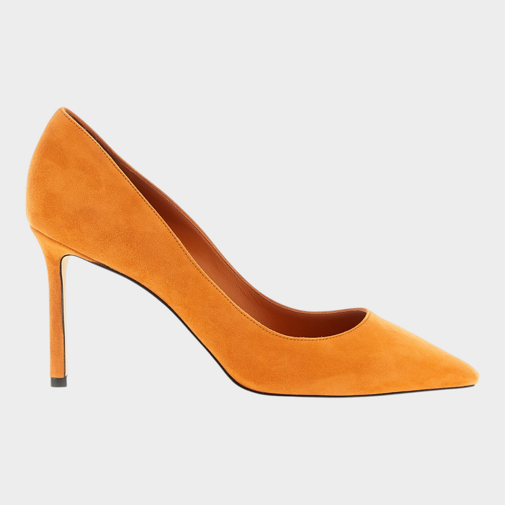 Esmire & Co Jimmy Choo Romy sunset orange suede stiletto pumps with a pointed toe and sleek silhouette.