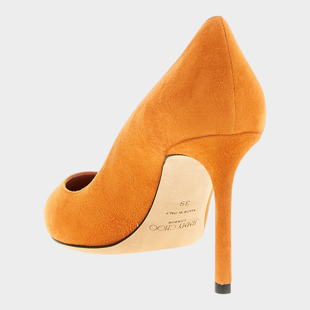 Esmire & Co Jimmy Choo Romy sunset orange suede stiletto pumps with pointed toe and leather sole