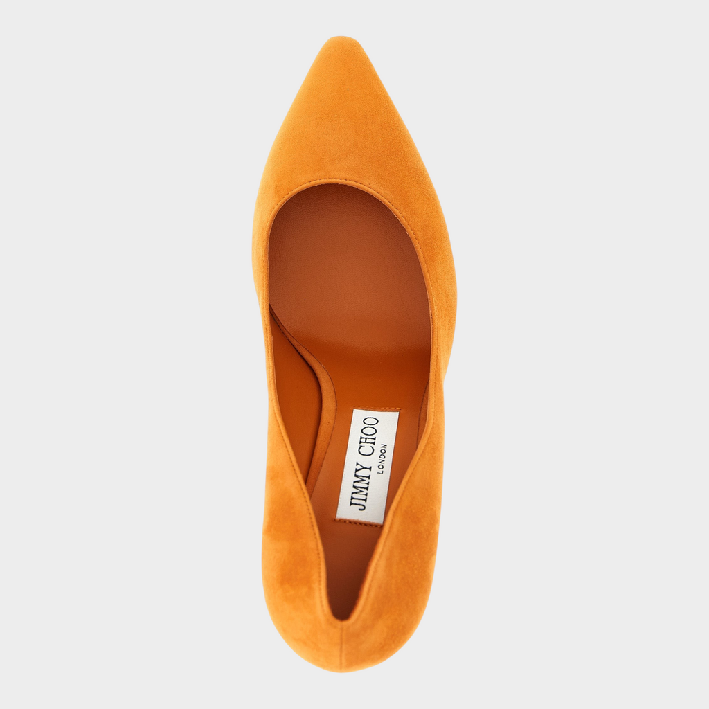 Esmire & Co Jimmy Choo Romy orange suede high heel pumps with pointed toe and leather lining, top-down view.