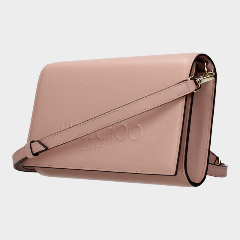 Esmire & Co Jimmy Choo powder pink leather clutch bag with front logo and removable adjustable shoulder strap