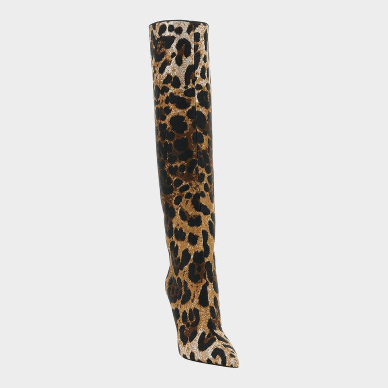 Esmire & Co DOLCE & GABBANA leopard print jacquard over the knee boots with stiletto heel and pointed toe.