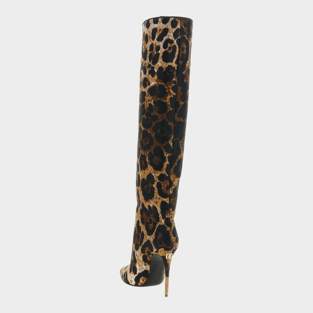 Esmire & Co DOLCE & GABBANA leopard print jacquard over the knee boots with gold DG logo and stiletto heel