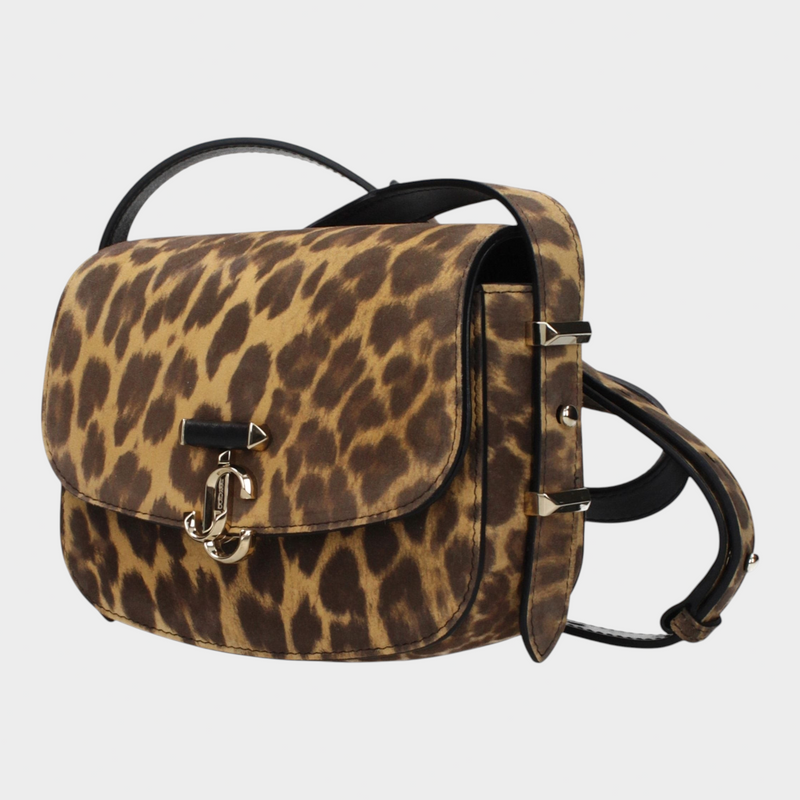 Esmire & Co Jimmy Choo leopard print suede crossbody bag with gold logo hardware and adjustable shoulder strap