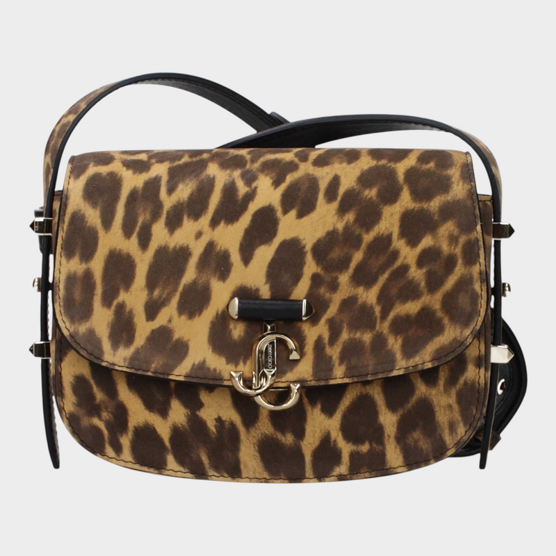 Esmire & Co Jimmy Choo brown leopard print suede crossbody bag with gold logo hardware and adjustable strap