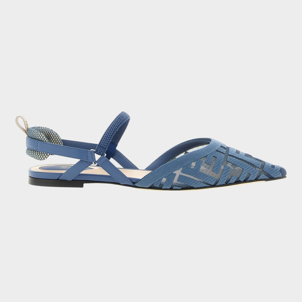 Esmire & Co light blue FENDI Colibrì Lite polyamide mesh slingback flats with FF motif and elastic heel strap.