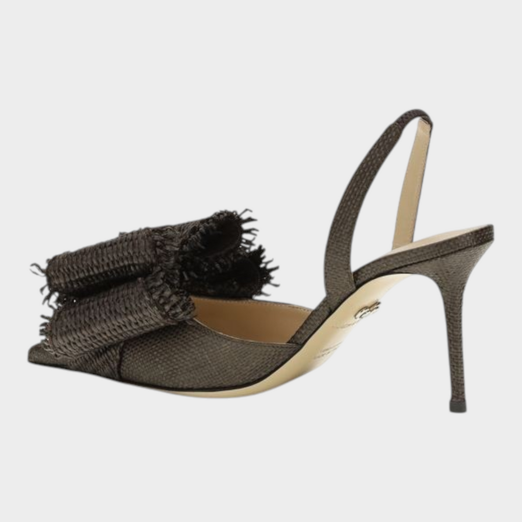 Esmire & Co MACH & MACH brown raffia slingback pumps with a large frayed bow detail and stiletto heel.