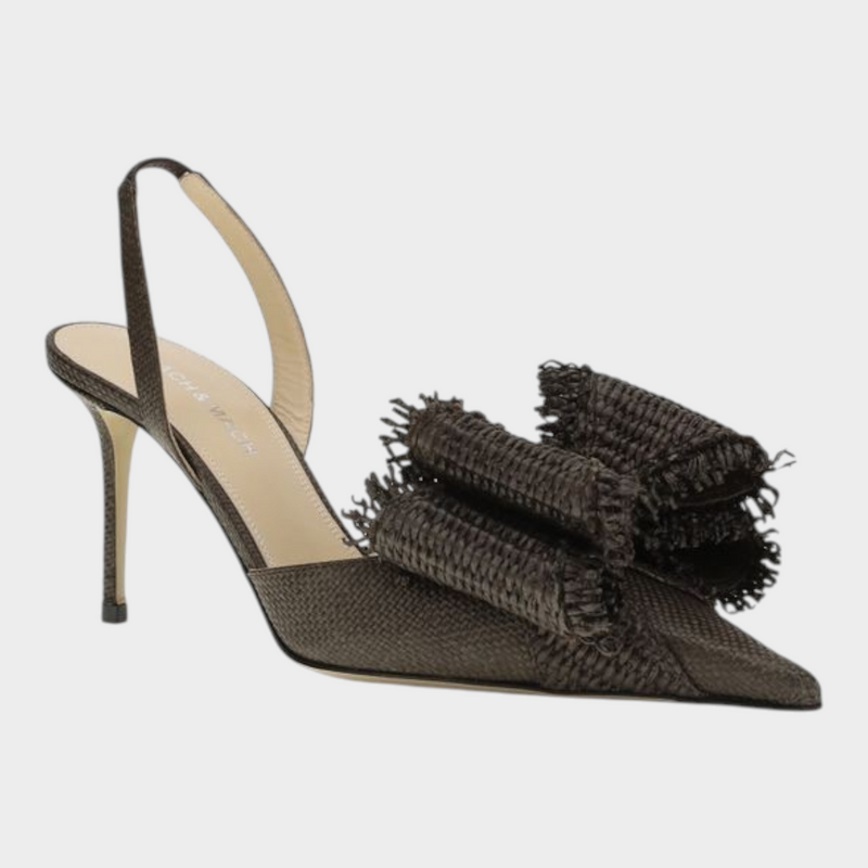 Esmire & Co MACH & MACH brown raffia slingback pumps with a large frayed bow detail and stiletto heel.