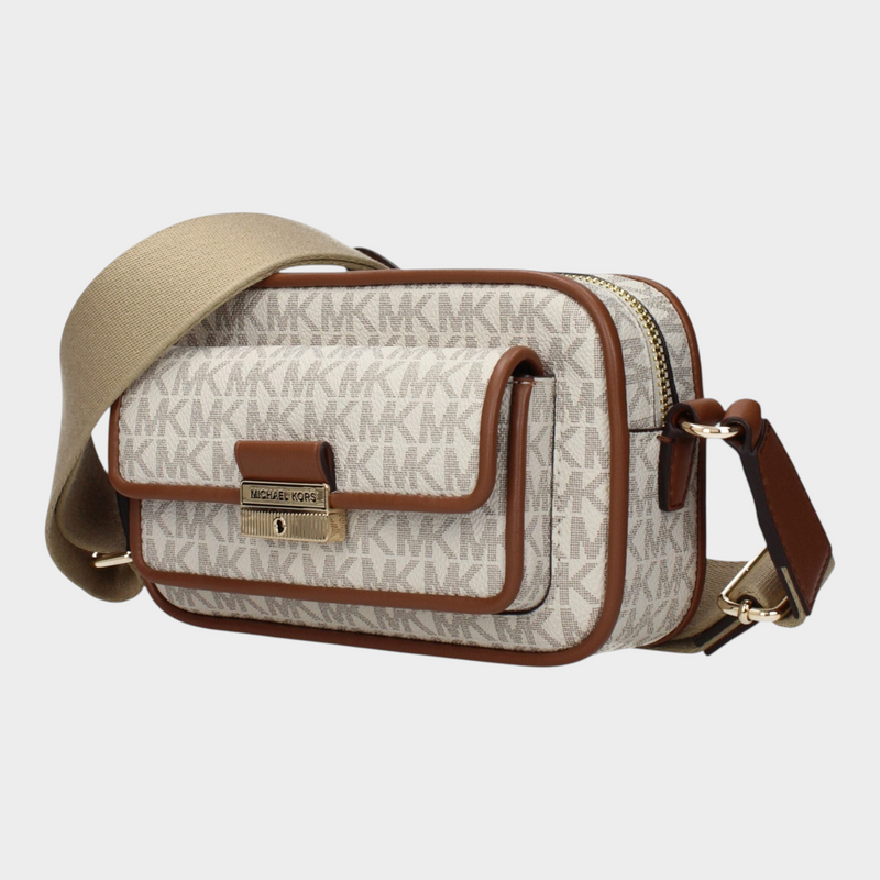 Esmire & Co Michael Kors beige fabric crossbody bag with signature logo print, brown trim, and adjustable strap.