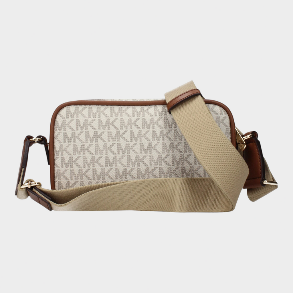 Esmire & Co Michael Kors beige fabric crossbody bag with signature logo print and adjustable shoulder strap